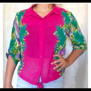 NICOLE MILLER floral sheer tie front blouse S